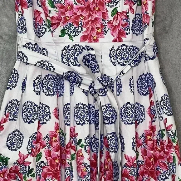 Talbot Mosaic Floral Sateen Fit & Flare Pink Blue Pleated Dress Knee Length Sz 8 - Picture 10 of 16
